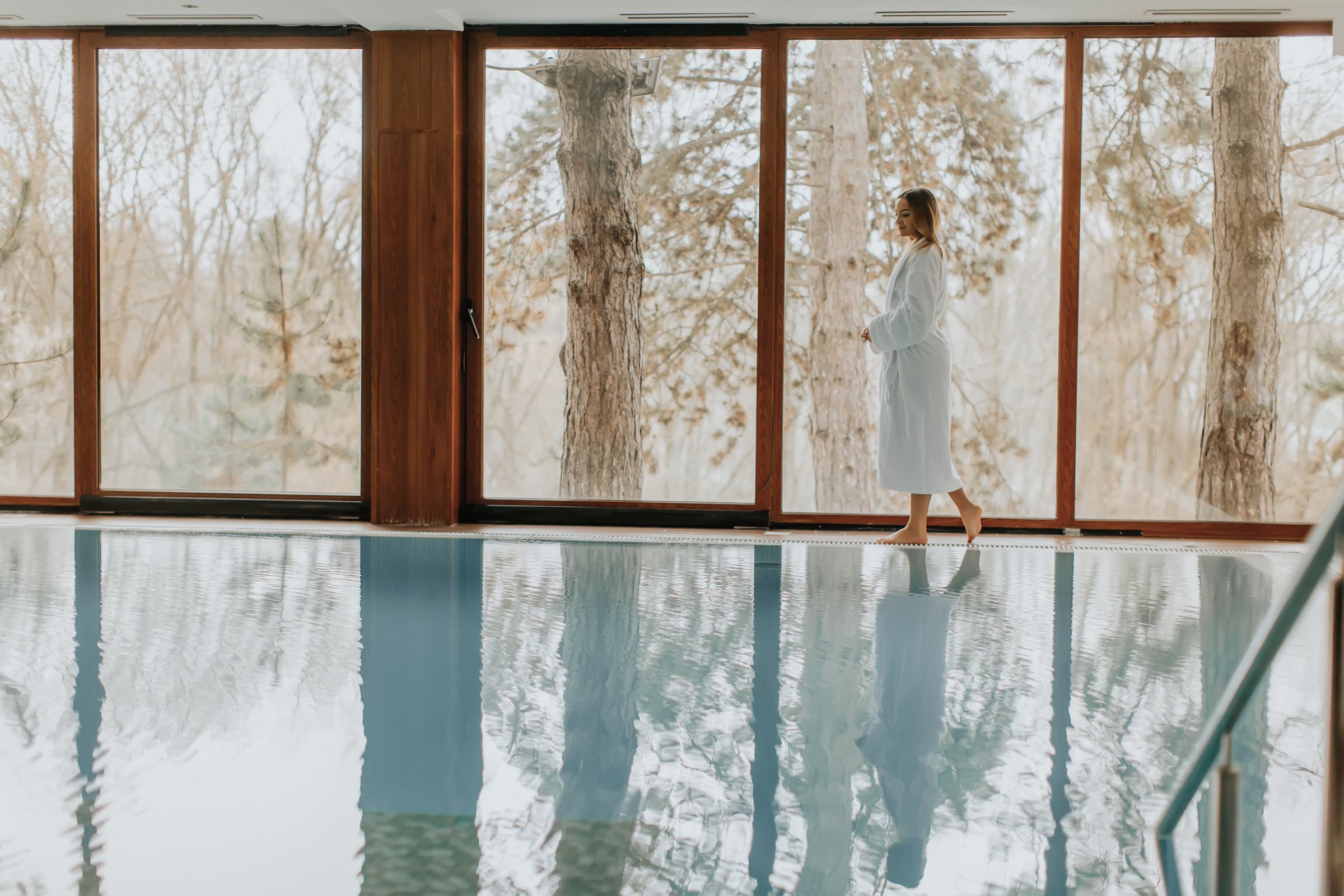 A quiet indoor thermal pool overlooking a winter forest